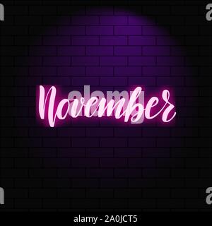 Neon glowing lettering on a brick wall background Stock Vector
