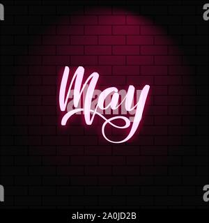 Neon glowing lettering on a brick wall background Stock Vector
