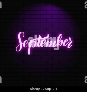 Neon glowing lettering on a brick wall background Stock Vector