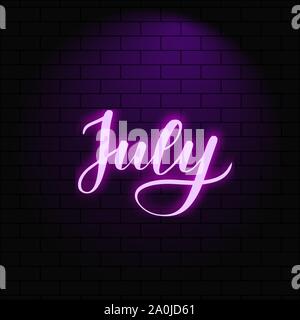 Neon glowing lettering on a brick wall background Stock Vector