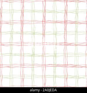 Weave effect strands of red, green and gold hand drawn doodle lines in geometric grid design. Seamless vector pattern on white background. Great for Stock Vector