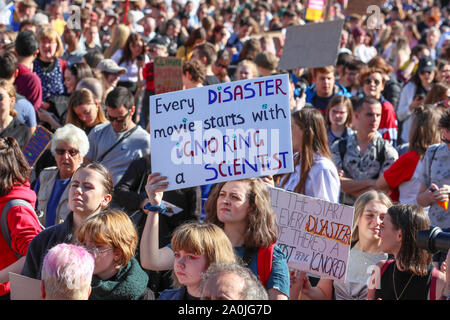 Glasgow, UK. 20 September 2019. Several thousand turned out to take part in the 'Scottish Youth Climate Strikers' march from Kelvingrove Park, through the city to an assembly in George Square to draw attention to the need for action against climate change. This parade was only one of a number  that were taking place across the United Kingdom as part of a coordinated day of action. Credit: Findlay / Alamy News. Stock Photo