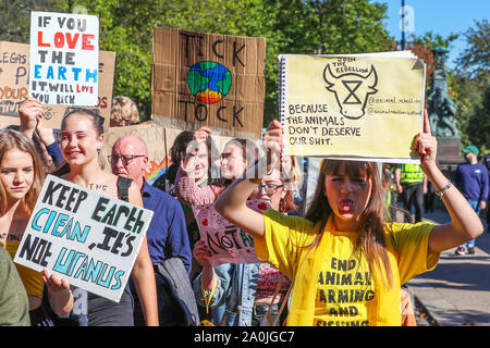 Glasgow, UK. 20 September 2019. Several thousand turned out to take part in the 'Scottish Youth Climate Strikers' march from Kelvingrove Park, through the city to an assembly in George Square to draw attention to the need for action against climate change. This parade was only one of a number  that were taking place across the United Kingdom as part of a coordinated day of action. Credit: Findlay / Alamy News. Stock Photo