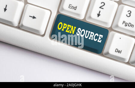 Conceptual hand writing showing Open Source. Concept meaning denoting software which original source code freely available White pc keyboard with note Stock Photo