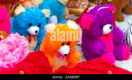 Teddy bears in the local market, Puttaparthi, India. Close-up Stock Photo