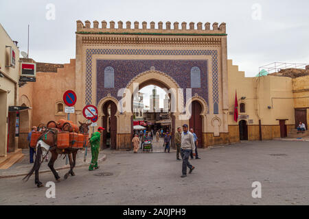 The blue gate Bab Abi al-Jounoud or Bab Bou Jeloud is an ornate city gate and the main western entrance to Fes el Bali, the old city of Fez, Morocco Stock Photo