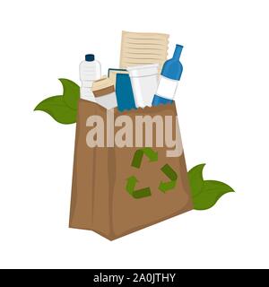Recycling paper bag with bottles, sheets paper and leaves - Vector Stock Vector