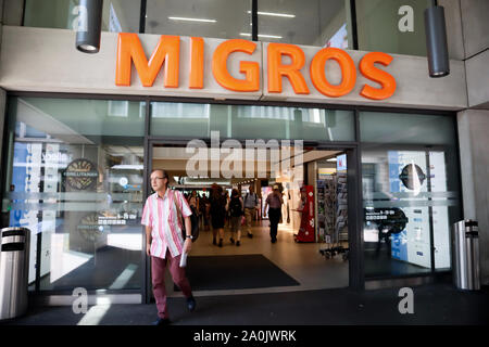 Zurich,Switzerland ,July 21,2019:entrance to a Migros restaurant in Zurich, people in front of restaurant Stock Photo
