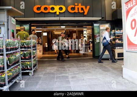 Zurich, Switzerland , July 19, 2019: Entrance in the supermarket COOP CITY in Zurich. Coop is the second biggest Swiss Retail company Stock Photo