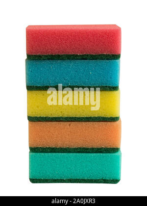 Stack of cleaning colorful sponges isolated on white background. Soft kitchen microfible sponges. Stock Photo