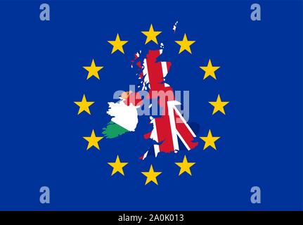 The border shapes of the UK and Ireland covered in respective countries flags on top of and in the middle of the flag of the EU, representing Brexit. Stock Vector