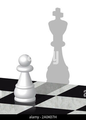 3d illustration of a pawn with shadow of a king Stock Photo