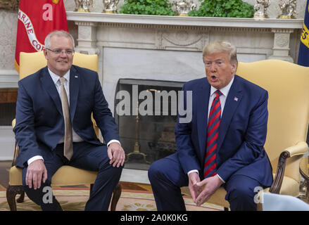 Washington DC, USA . 20th Sep, 2019. Washington DC, USA. 20th Sep, 2019. President Donald Trump meets with Australian Prime Minister Scott Morrison in the Oval Office during a State Visit at the White House in Washington, DC on Friday, September 20, 2019. Credit: UPI/Alamy Live News Stock Photo