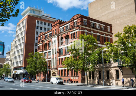 Adelaide, Australia - March 16, 2017. Street view on North Terrace in Adelade, SA, with buildings, commercial properties, traffic and people. Stock Photo