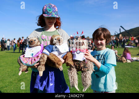 Edinburgh, UK. 20 September. 2019. Campaigners protest during a climate change action in Edinburgh. Climate Change Strike takes place in Edinburgh. UK.  Pictured: Tom and Molly campaigners pose for a pictured taken during the Strike. Pako Mera/Alamy Live News Stock Photo