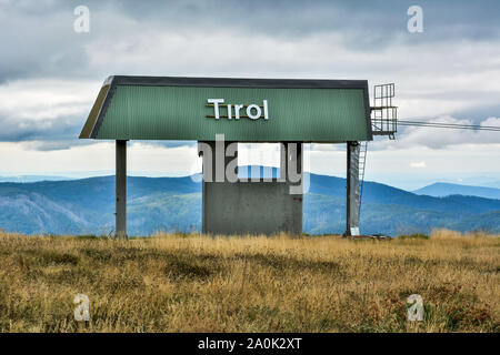 Mt Buller, Victoria, Australia – March 23, 2017. Old chairlift station with Tirol sign in Mt Buller, VIC. Stock Photo