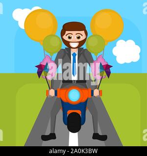Young man riding motorcycle over a natural cartoon background . Kidult conceptual illustration - Vector Stock Vector