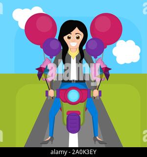 Young woman riding motorcycle over a natural cartoon background . Kidult conceptual illustration - Vector Stock Vector