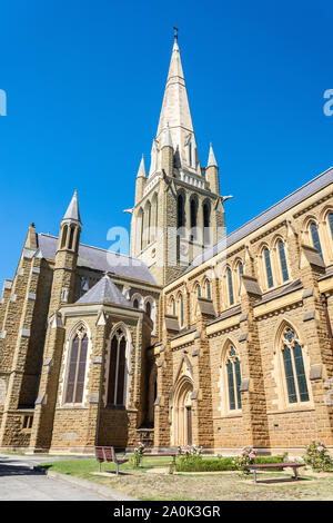 Bendigo, Victoria, Australia - February 27, 2017. Exterior view of the tower of Sacred Heart Cathedral in Bendigo, VIC. Stock Photo