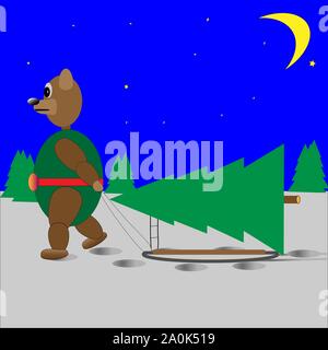 bear Christmas tree on a sled and the moon Stock Vector