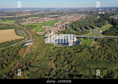 Aerial drone view of the Falkirk Wheel boat lift Stock Photo
