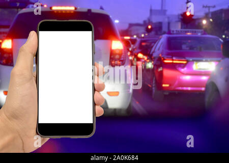 Hand holding smartphone for check way    before go to shopping,Hand holding smartphone for check map on mobile Stock Photo