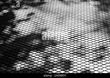 Shadows of trees on tiled city pavement, abstract architectural background in high contrast black and white Stock Photo