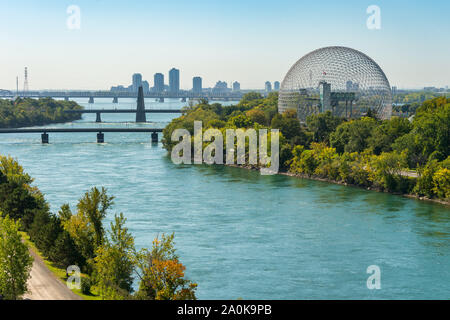Montreal, CANADA - 19 September 2019: Biosphere & Saint-Lawrence River from Jacques-Cartier Bridge. Stock Photo