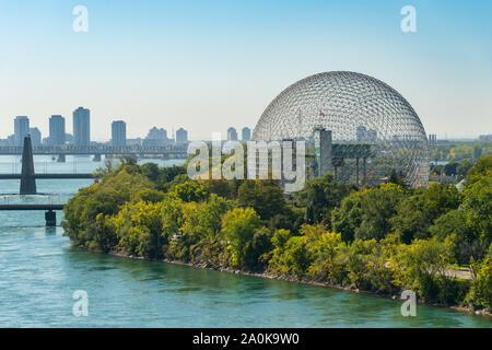 Montreal, CANADA - 19 September 2019: Biosphere & Saint-Lawrence River from Jacques-Cartier Bridge. Stock Photo