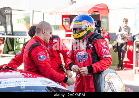 Vallelunga, Italy september 14 2019, Waist up of racing car driver Jacques Villeneuve with helmet and racewear Stock Photo