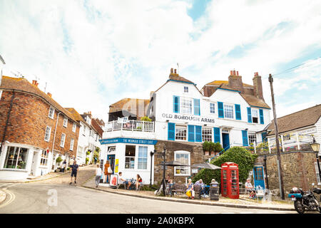 RYE, UK - July 25th, 2019: The famous Old Borough Arms pub and The Mermaid cafe in Rye, East Sussex; Rye is a medieval pretty English town and tourist Stock Photo
