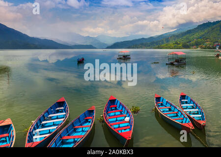 Beautiful boats in Phewa Lake Pokhara Nepal Stock Photo