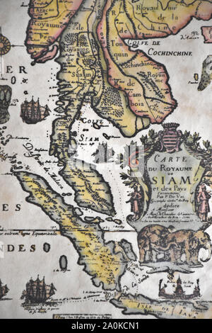 An antique map of the old, historic, ancient Siam (todays Thailand) Stock Photo