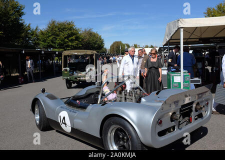 September 2019 - Classic Lola Chevrolet race car on tow from the paddock at the Goodwood Revival meeting Stock Photo