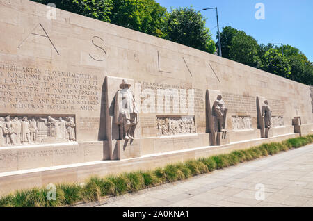 Geneva, Switzerland - July 19, 2019: The Reformation Wall, a monument to the Protestant Reformation of the Church. Depicting numerous Protestant figures. Oliver Cromwell, Roger Williams. Stock Photo