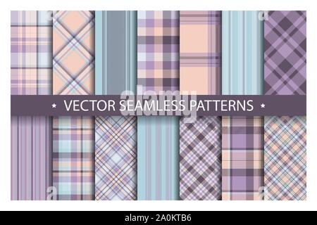 Set plaid pattern seamless. Tartan patterns fabric texture. Checkered geometric vector background. Scottish stripe blanket backdrop. Fashion cloth col Stock Vector