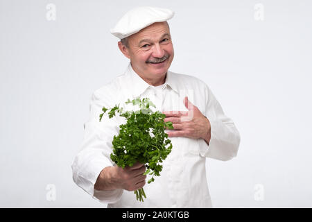 Healthy raw food. and dieting concept. Professional hispanic mature cook chef hold salad greenery. Healthy vegetarian recipe ingredient. Stock Photo