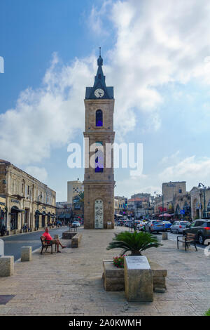 Tel-Aviv, Israel - September 19, 2019: View of the Clock tower in the old city of Jaffa, with Locals and visitors. Now part of Tel-Aviv-Yafo, Israel Stock Photo