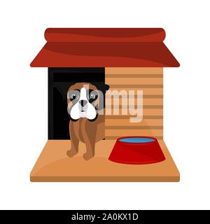 Dog house with a cute boxer cartoon - Vector Stock Vector