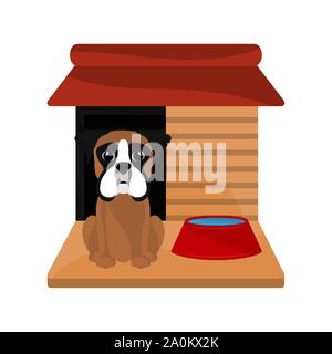 Dog house with a cute boxer cartoon - Vector Stock Vector