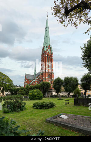 Stockholm, Sweden. September 2019.  View of the St. John Church and the cemetery in its park Stock Photo