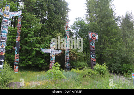 Vancouver, British Columbia, Canada, 27/05/2015,  Original, First Nations Totem Poles. These are historical monuments on display in Stanley Park Vanco Stock Photo