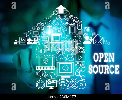 Handwriting text writing Open Source. Conceptual photo denoting software which original source code freely available Woman wear formal work suit prese Stock Photo