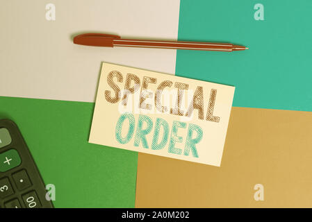 Writing note showing Special Order. Business concept for Specific Item Requested a Routine Memo by Military Headquarters Office appliance square desk Stock Photo