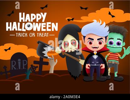 Happy halloween greeting card vector background design. Happy halloween trick or treat text with scary characters of vampire, zombie and grim reaper. Stock Vector