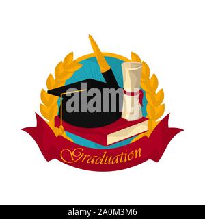 Graduation label with graduation cap, diploma, pen and book - Vector Stock Vector