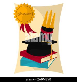 Graduation cap with books and pens over a graduation certificate - Vector Stock Vector