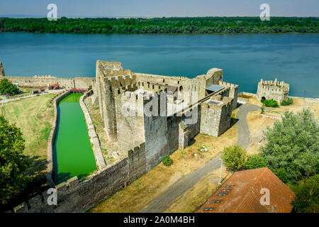 Smederevo aerial panorama view of the medieval Serbian-Byzantine-Ottoman castle along the Danube river an our east of Belgrade Stock Photo
