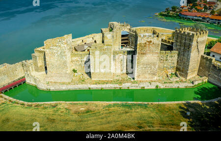 Smederevo aerial panorama view of the medieval Serbian-Byzantine-Ottoman castle along the Danube river an our east of Belgrade Stock Photo