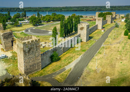 Smederevo aerial panorama view of the medieval Serbian-Byzantine-Ottoman castle along the Danube river an our east of Belgrade Stock Photo